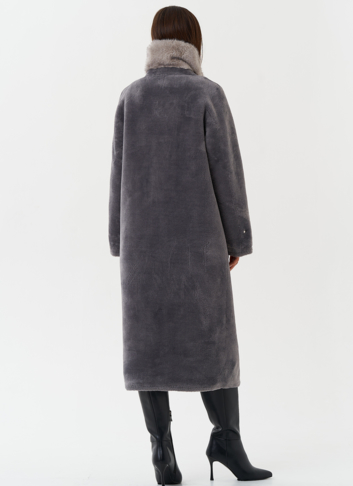 Длинная дубленка из эко кожи с воротником шаль