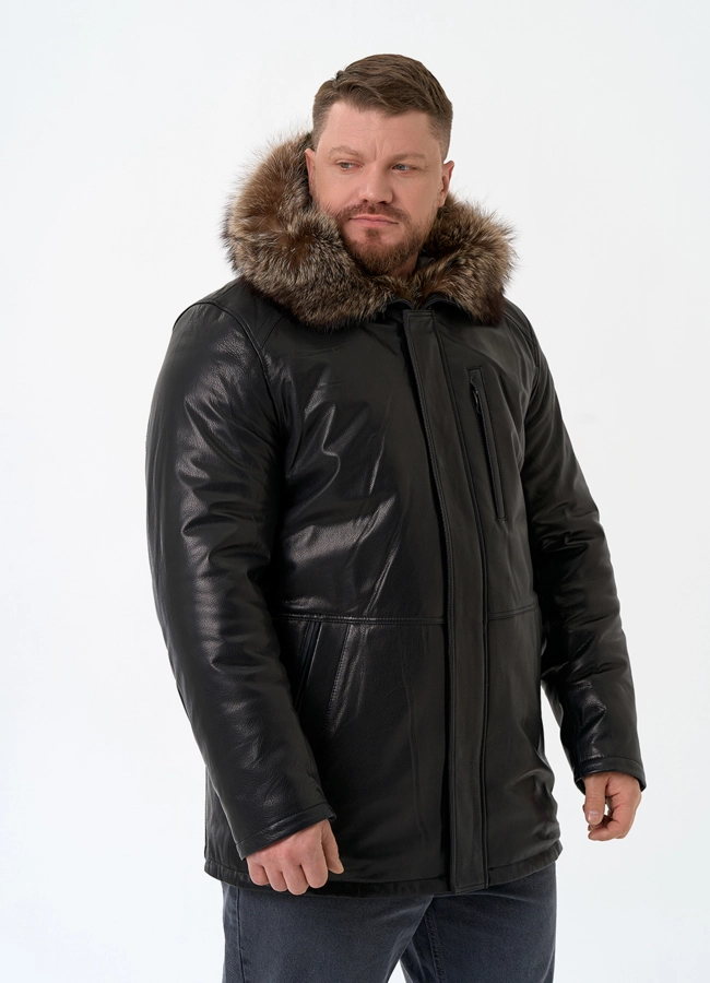 Мужская натуральная дубленка на волке с отделкой из меха енота модель № 26231 универмаг малина