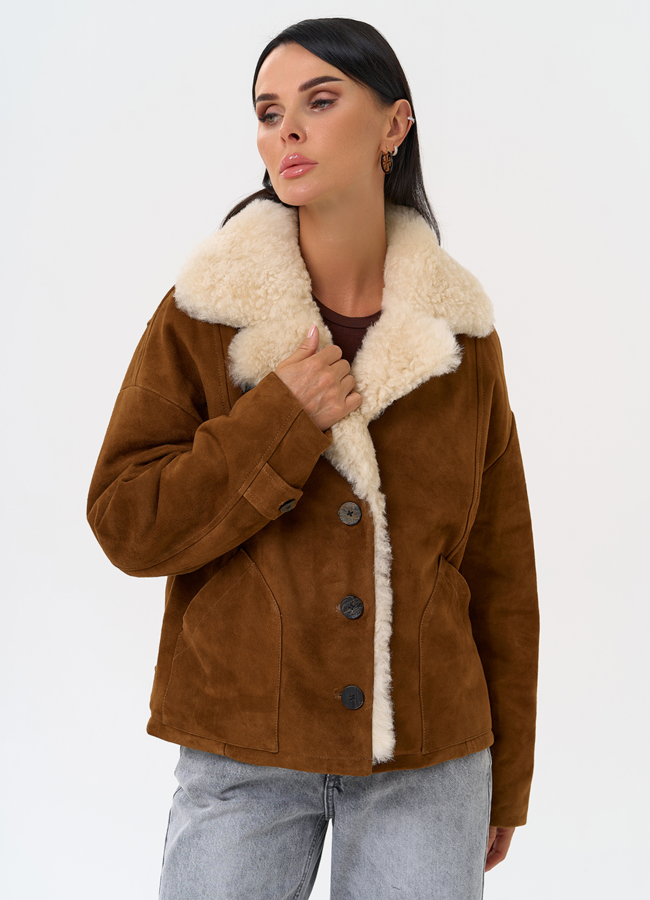 Пуховик из натуральной замши с мехом модель № 31409 меха малина