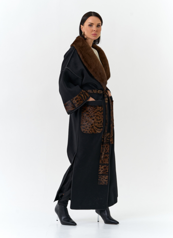 Женское длинное пальто с воротником из меха норки