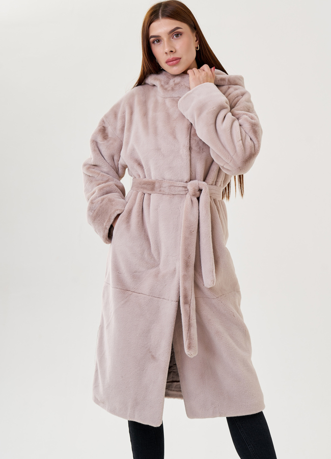 Длинное пальто из искусственного меха модель № 23527 меха малина