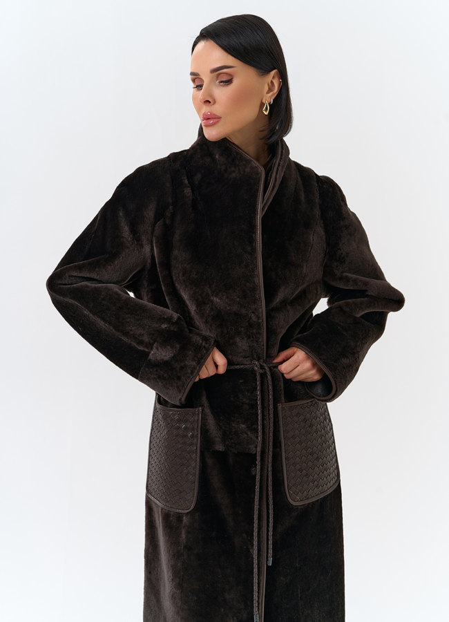 Женская дубленка с декоративным поясом модель № 32085 универмаг малина