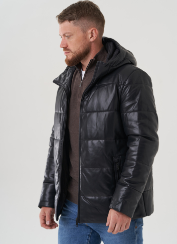 Пуховик мужской из эко кожи с капюшоном 