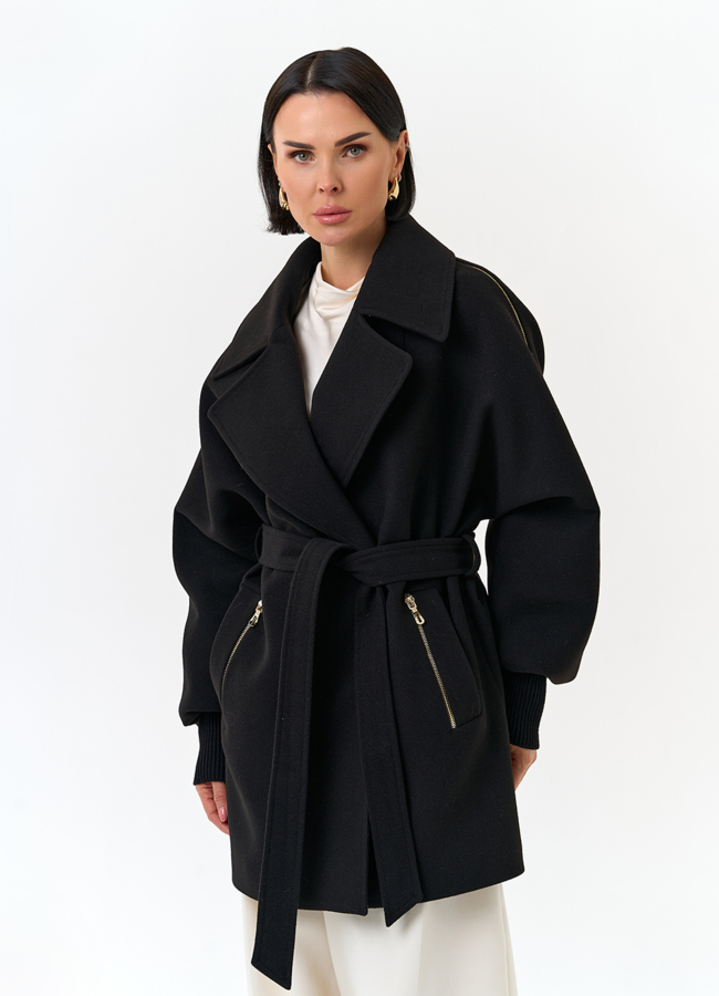 Женское укороченное пальто с декоративными молниями модель № 32805 универмаг малина