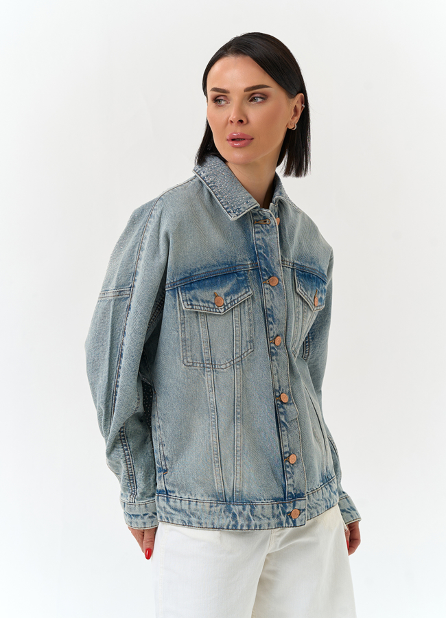 Женская джинсовая куртка со стразами модель № 33130 универмаг малина