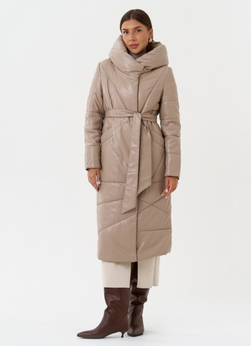 Женский пуховик из эко кожи с поясом