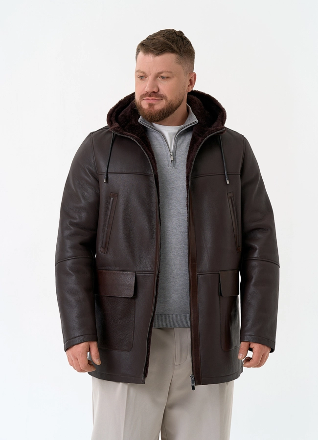 Мужская натуральная дубленка с капюшоном модель № 32059 универмаг малина