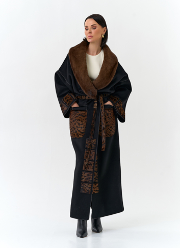 Женское длинное пальто с воротником из меха норки