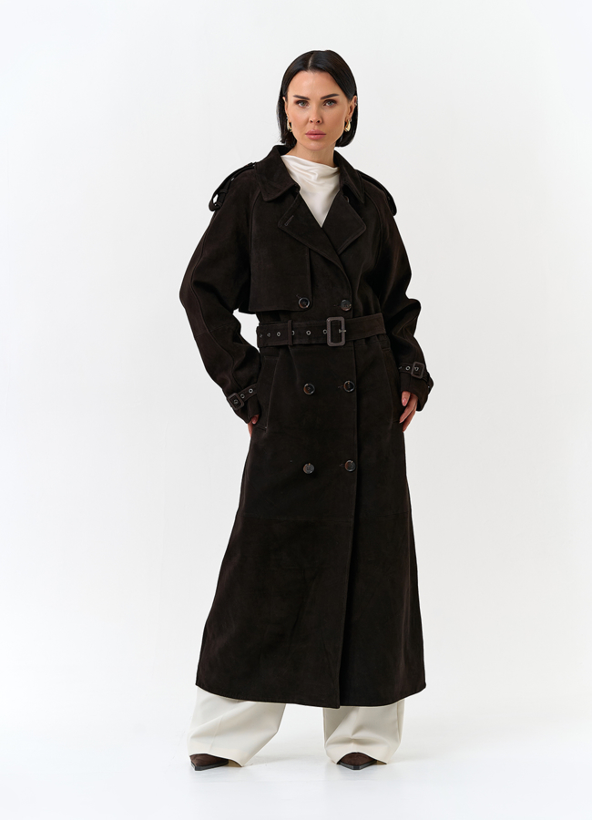 Женский длинный плащ из натуральной замши модель № 32900 меха малина