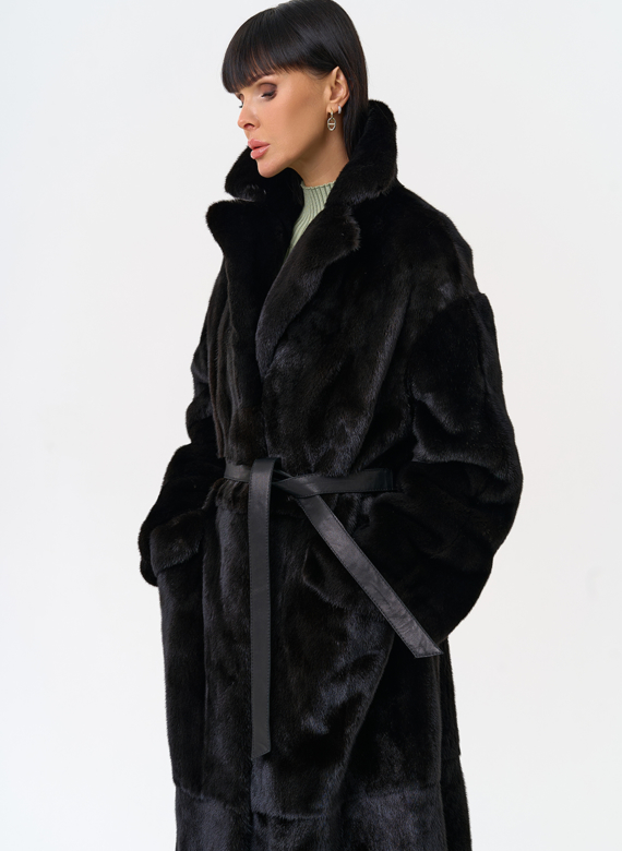 Длинная шуба из меха норки blackglama с поясом