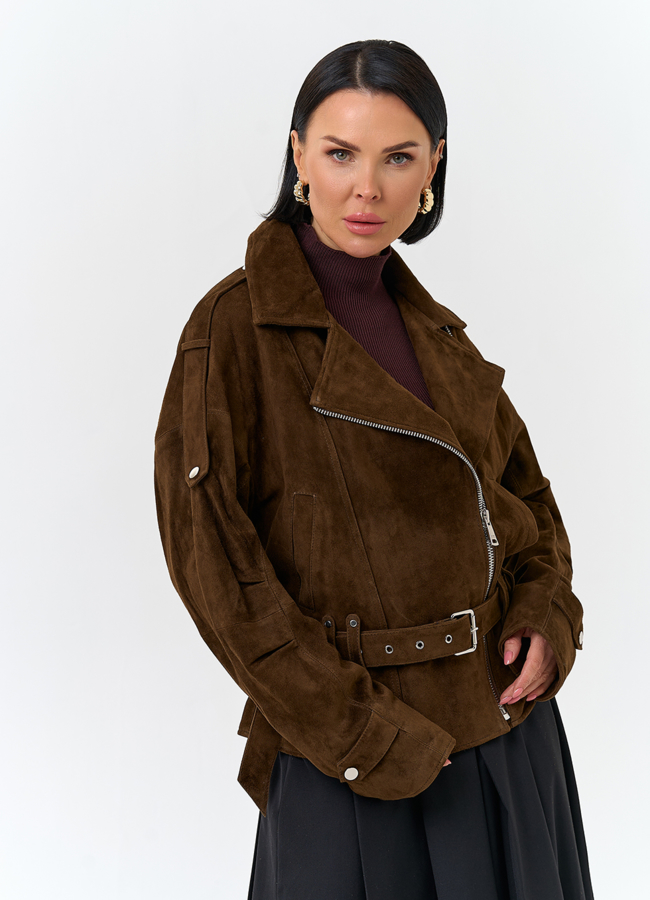 Женская куртка из натуральной замши с поясом модель № 32887 в рассрочку