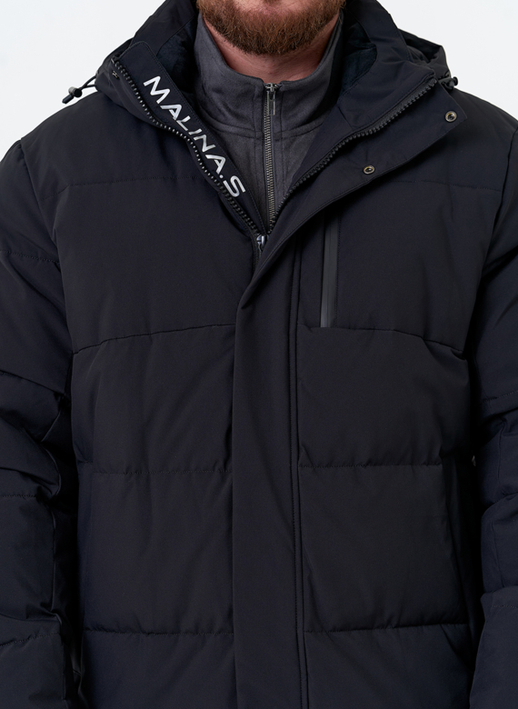 Удлиненный мужской пуховик с капюшоном