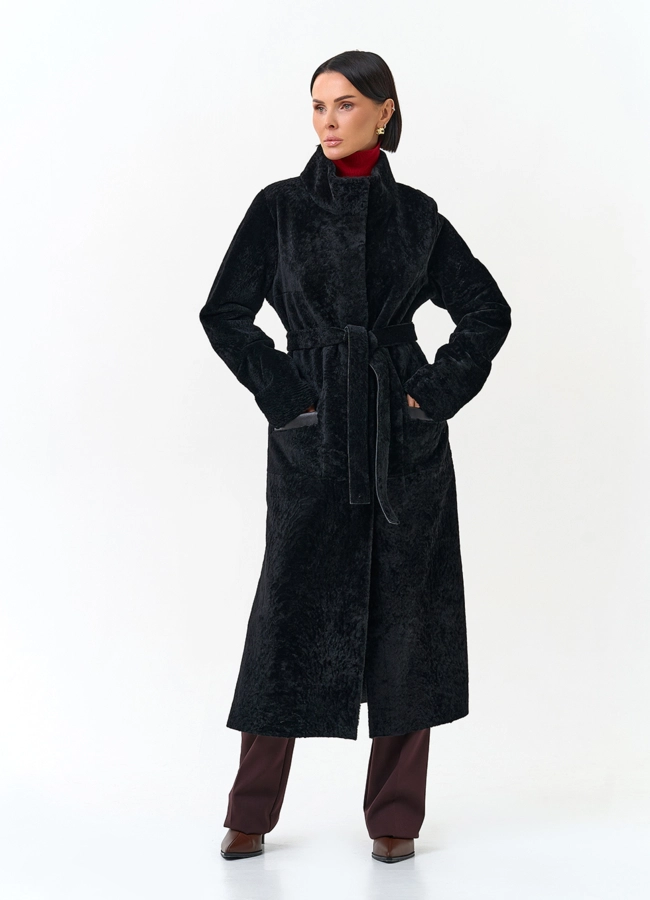 Женская двухсторонняя дубленка с поясом модель № 34376 универмаг малина фото