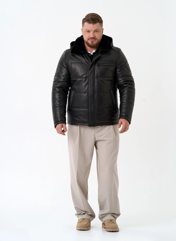 Мужской пуховик из натуральной кожи с капюшоном