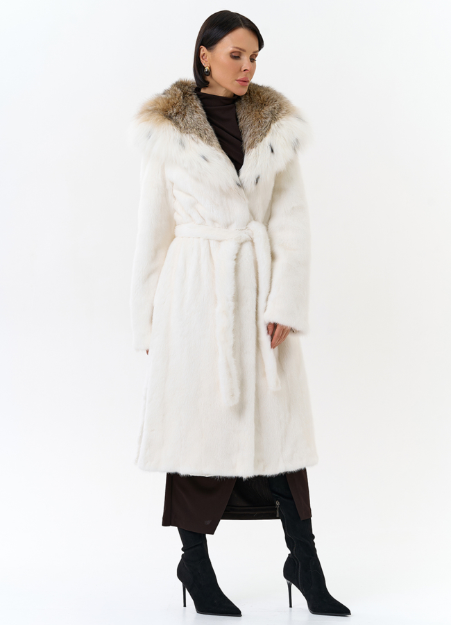 Шуба из белой  норки с капюшоном из рыси модель № 25001 универмаг малина