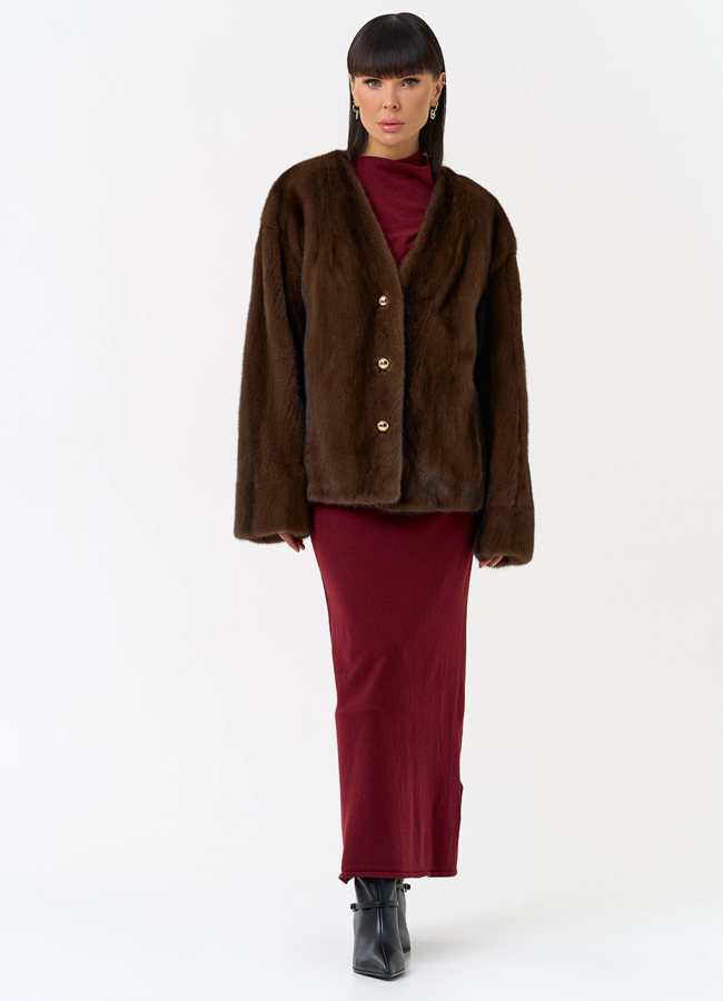 Укороченная шуба из меха норки с акцентными пуговицами модель № 31650 универмаг малина