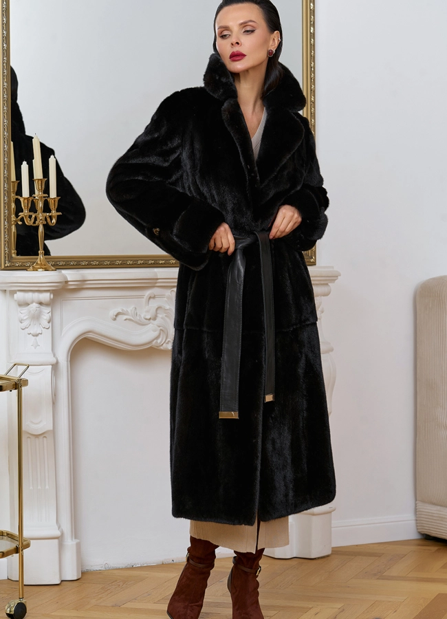 фото Женская шуба из меха норки blackglama с поясом модель № 31634
