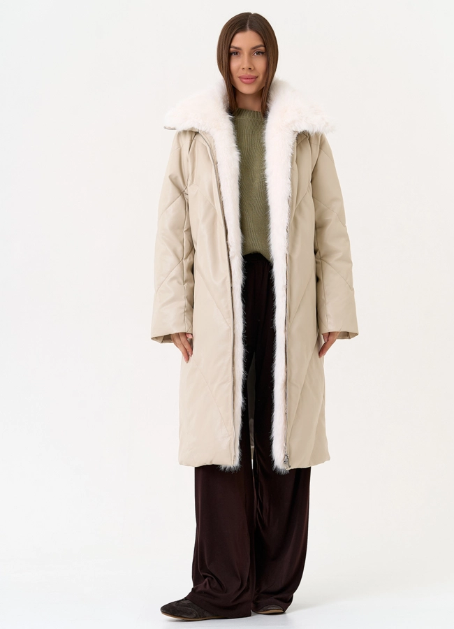 фото Женский пуховик из эко кожи с отделкой из эко меха модель № 30714