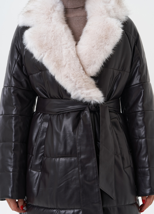 Пуховик из эко кожи с английским воротником модель № 28517 универмаг малина