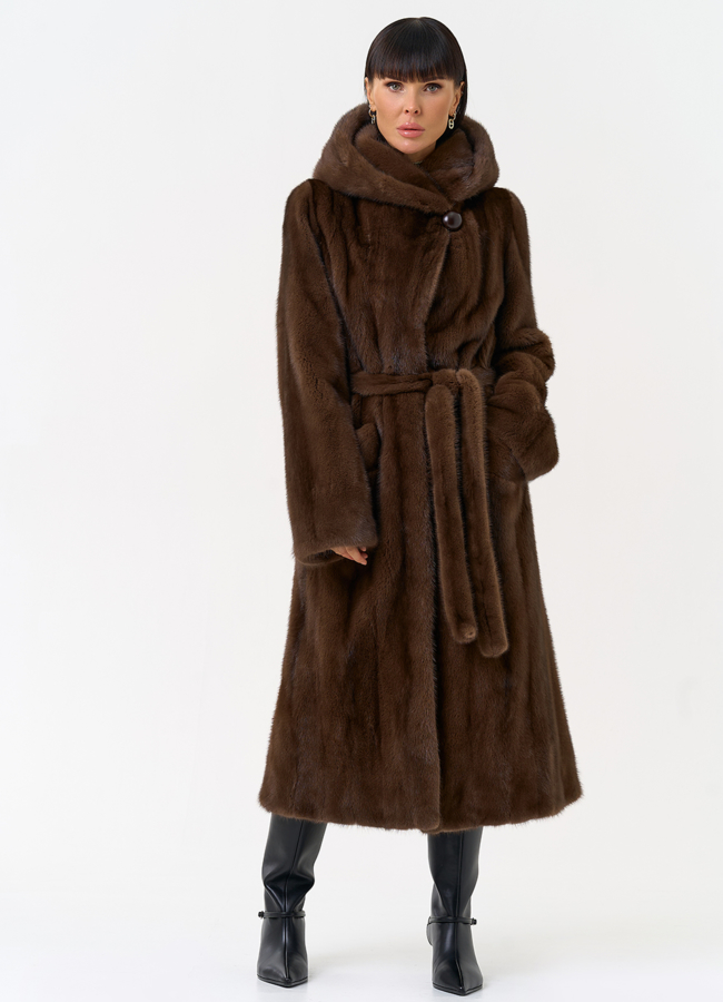 Женская шуба из меха норки с капюшоном  модель № 31651 меха малина