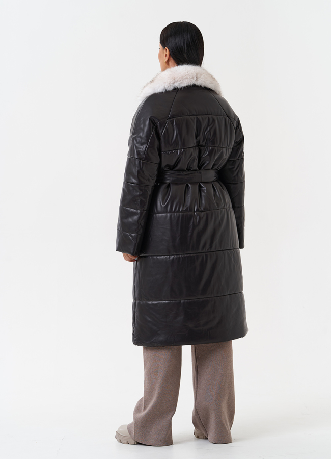 Пуховик из эко кожи с английским воротником модель № 28517 в рассрочку