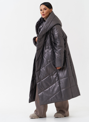 Пуховик из эко кожи с капюшоном