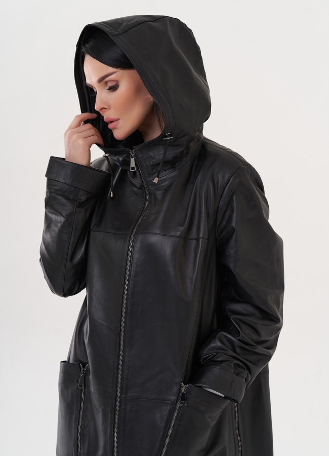 Кожаный плащ с капюшоном модель № 26955 в рассрочку