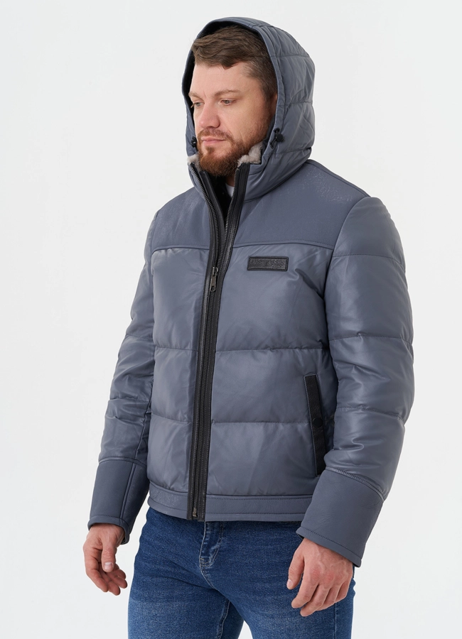 Пуховик из натуральной кожи с капюшоном модель № 28578 универмаг малина фото