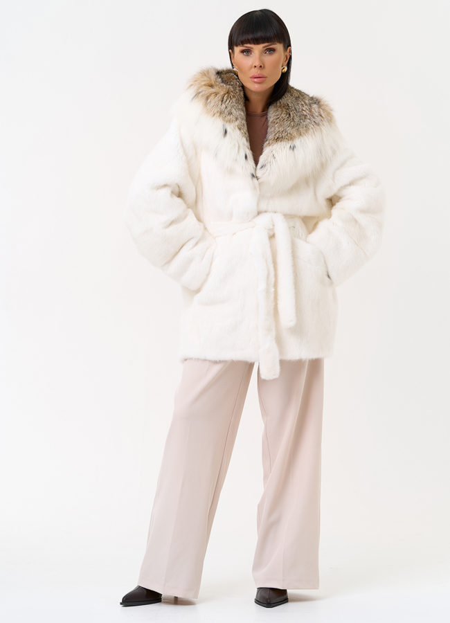 Женская шуба из меха норки с капюшоном из меха рыси модель № 31375 универмаг малина