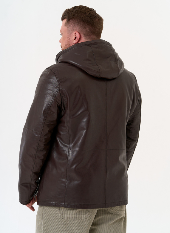 Мужская дубленка коричневого цвета с капюшоном