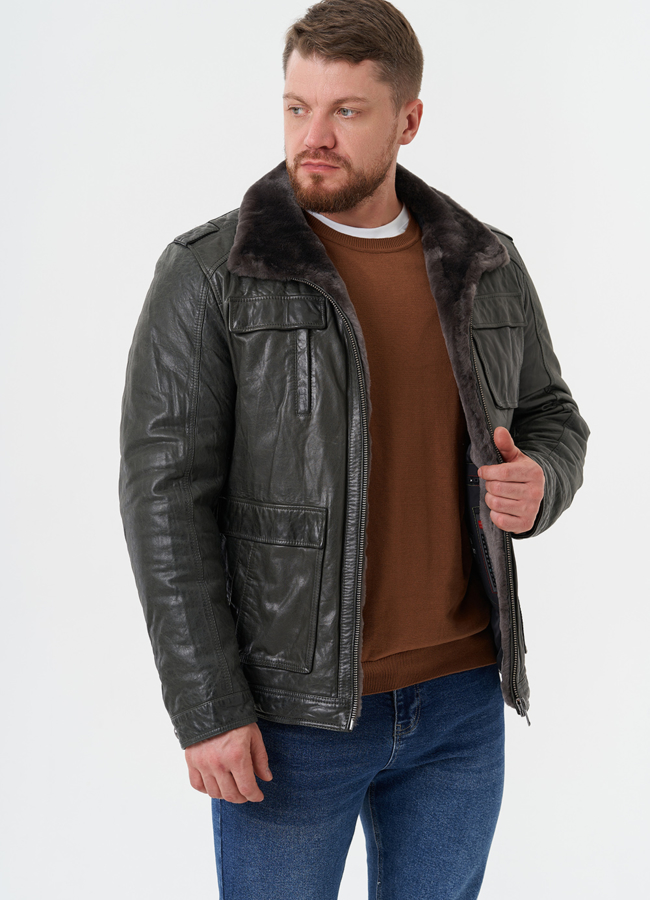 Мужская утепленная кожаная куртка  модель № 28074 универмаг малина