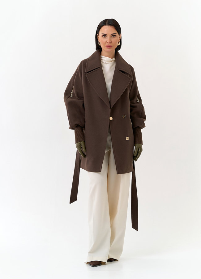 Женское укороченное пальто с декоративными молниями модель № 32804 универмаг малина