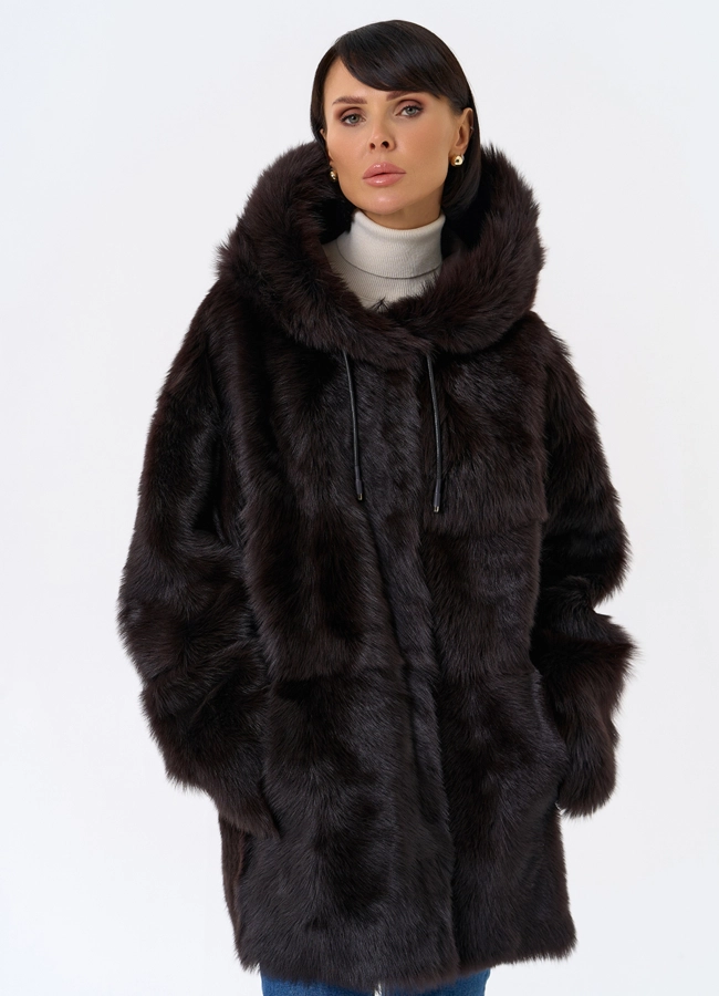 Женская двухсторонняя дубленка с капюшоном модель № 31851 универмаг малина